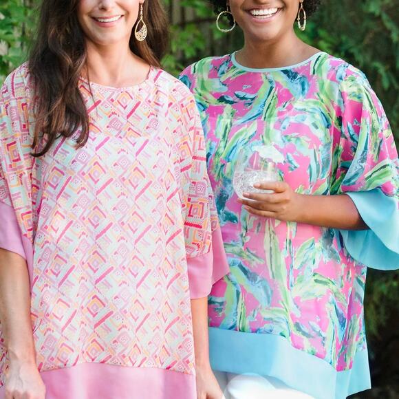 Lexi Boho Tropical Brush Sheer One Size Poncho Cover up Teal Pink - Picture 6 of 6